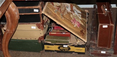 Lot 1120 - A picnic set; assorted cases; a gun case; a quantity of books; a Huntley & Palmer biscuit tin;...
