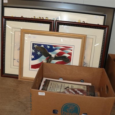 Lot 1123 - Eight assorted frames posters/pictures, flag and five books