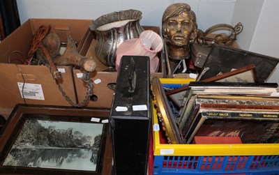 Lot 1124 - A quantity of miscellaneous items including yoke, oil lamp, metal; wares, pictures, records etc