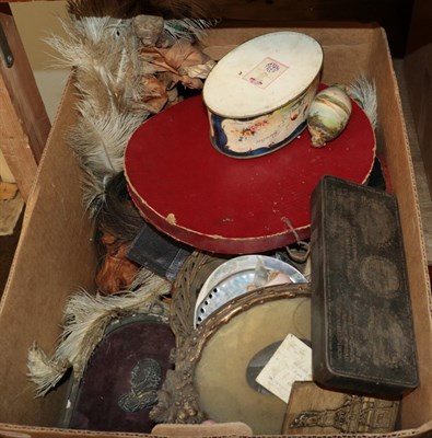 Lot 1125 - A box of miscellaneous including a pop-up top hat, various frames, feathers and other...