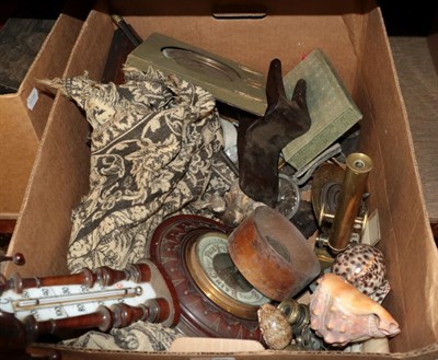 Lot 1126 - A box of miscellaneous including a barometer, microscope, shells and other items (a.f.) (qty)