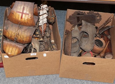 Lot 1136 - Two boxes including various 19th/20th century treen, novelty wooden items and models of ships...