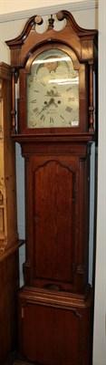 Lot 1178 - ~ An oak eight day longcase clock, signed F.Brough, Workington, late 18th century, arch painted...