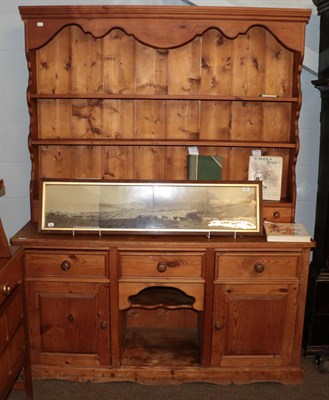 Lot 1181 - Reproduction stained pine dresser with rack, 156cm wide