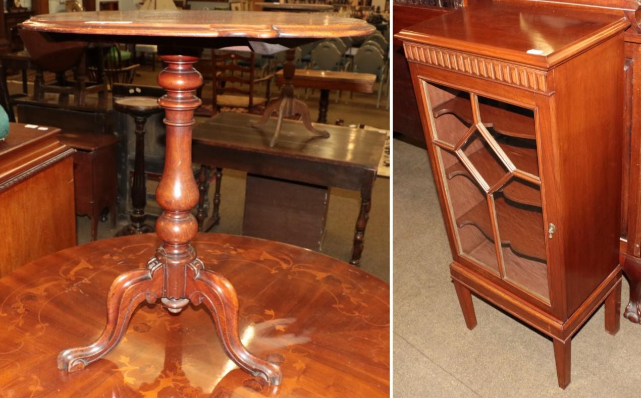 Lot 1199 - A reproduction glazed music cabinet, together with a late Victorian tilt top table