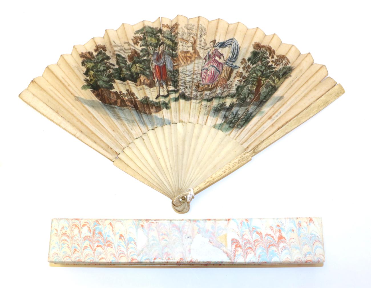 Lot 4001 - A Late 18th Century Bone Fan, the double paper leaf printed and hand coloured, showing a...
