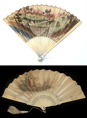 Lot 4002 - An Early Printed and Hand-Coloured Fan, the double paper leaf mounted on plain, slender ivory...
