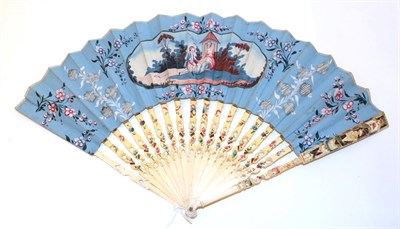 Lot 4007 - The Proposal: A Mid-18th Century Ivory Fan, cheerful in bright blues and pink against the cream...