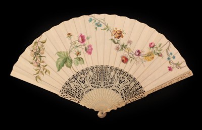 Lot 4012 - A Mid-18th Century Ivory Fan, the ivory guards deeply carved with scrolls and flowers, the...
