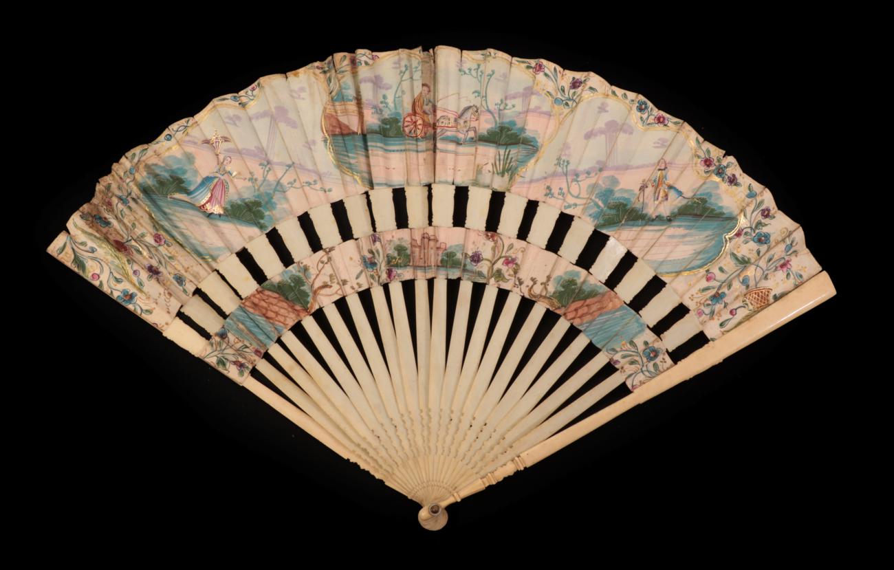 Lot 4014 - A Pretty Mid-18th Century Cabriolet Fan, the slender monture plain ivory, the gorge and...