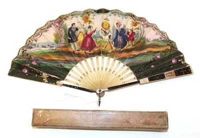 Lot 4022 - A Circa 1830's Wood and Horn Fan, the monture having wood guards dyed black, clouté with...