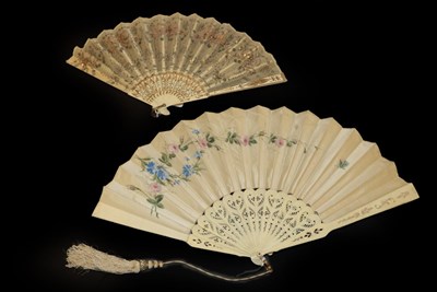 Lot 4024 - Three Fans: The first, circa 1890's, a large painted fan with double paper leaf, a restful scene of