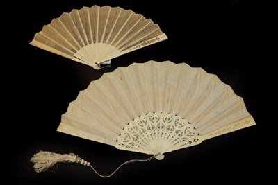 Lot 4024 - Three Fans: The first, circa 1890's, a large painted fan with double paper leaf, a restful scene of