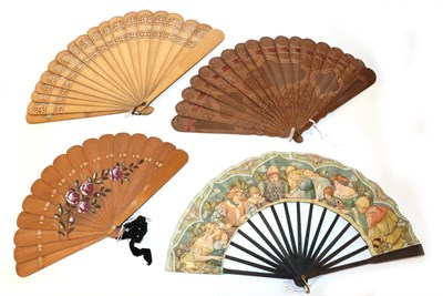 Lot 4031 - Three 19th Century Wood Brisé Fans, to include a small example painted with roses and leaves....