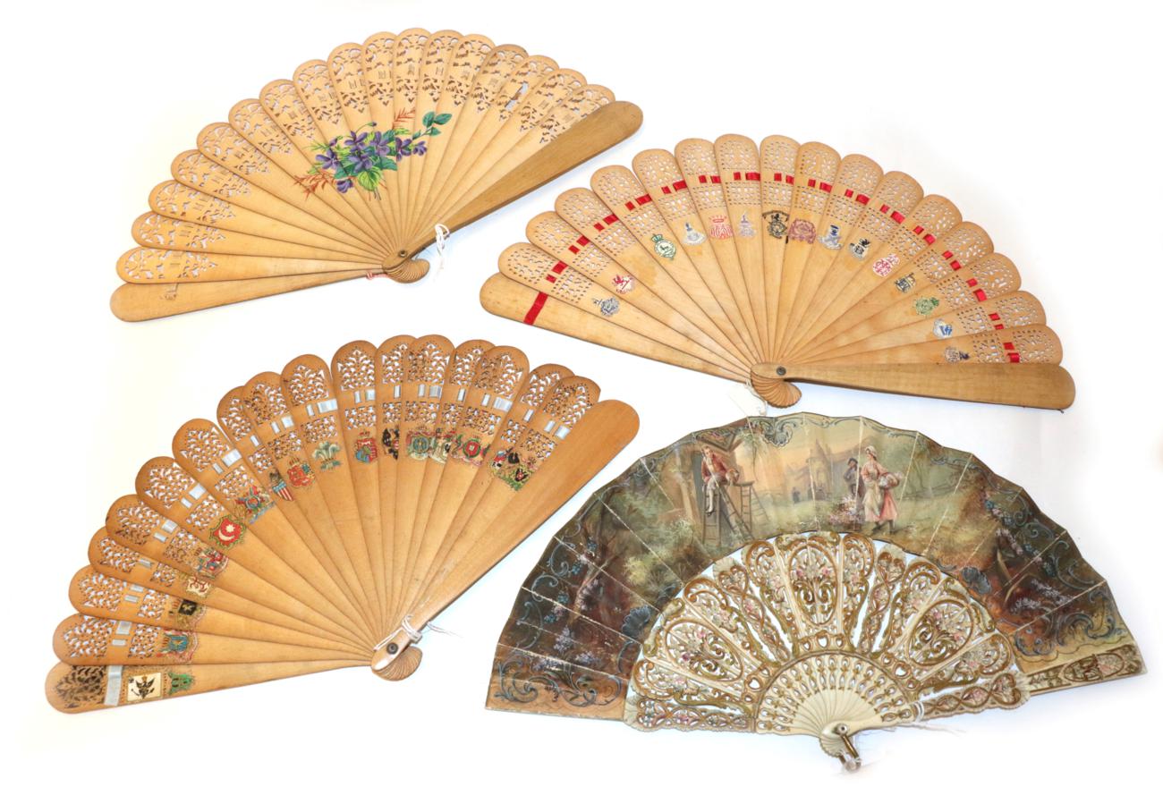 Lot 4038 - A Bone Fan with painted leaf depicting an 18th century gentleman atop a ladder with painter's...