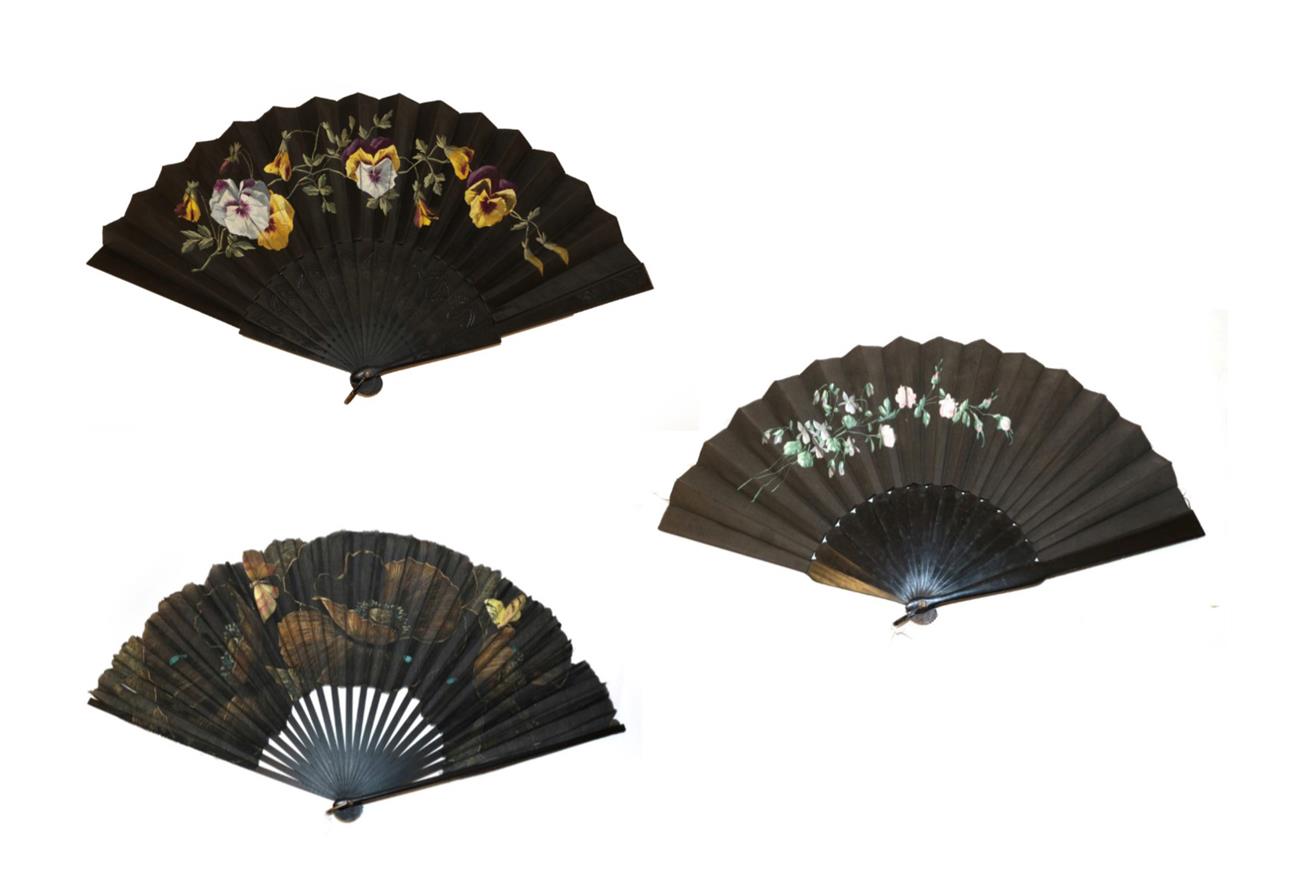 Lot 4040 - Three Late 19th Century Painted Fans, all mounted on black. The first, the leaf of shaped black...