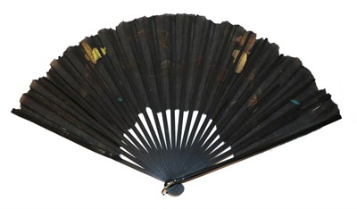Lot 4040 - Three Late 19th Century Painted Fans, all mounted on black. The first, the leaf of shaped black...