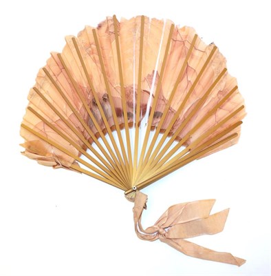 Lot 4046 - A Cream Gauze Fan, circa 1900, embroidered with gold and silver spangles, the monture of green/pink