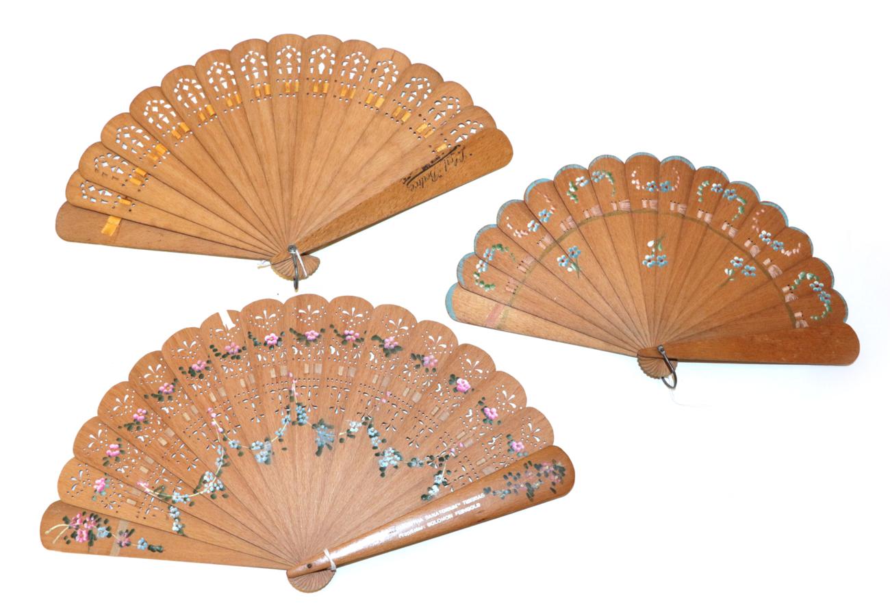 Lot 4048 - Three Wood Brisé Fans, 19th century to early 20th century, the first with 14 inner sticks and...
