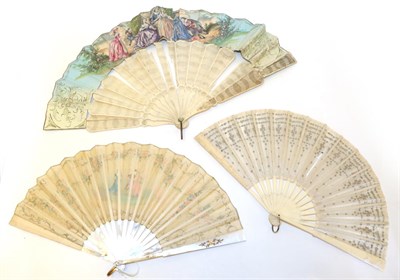 Lot 4055 - An Early 20th Century Mother-of-Pearl Fan, the pearl white, and gilded with flowers. The cream silk