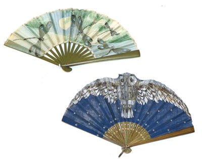 Lot 4062 - Owl and Dragonflies: Two Early 20th Century Gauze Fans, the first with a shaped, painted gauze leaf