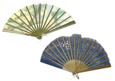 Lot 4062 - Owl and Dragonflies: Two Early 20th Century Gauze Fans, the first with a shaped, painted gauze leaf