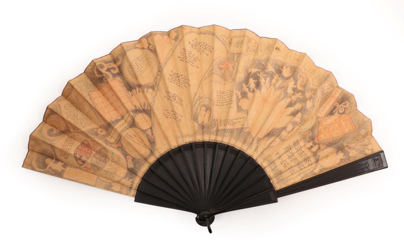 Lot 4069 - A Fascinating Conversation Fan, dated 1891, the double paper leaf mounted on carved black wood...
