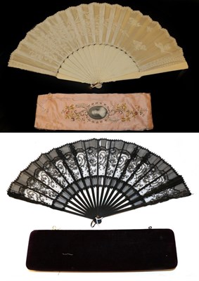 Lot 4102 - Two Large, Late 19th Century Lace Fans, the first with a plain bone monture supporting a cream...