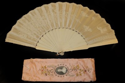 Lot 4102 - Two Large, Late 19th Century Lace Fans, the first with a plain bone monture supporting a cream...