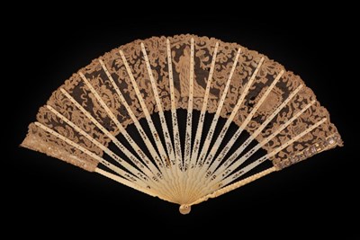 Lot 4113 - A Rare Italian Marriage Fan, the leaf combining different needle lace techniques, an armorial...