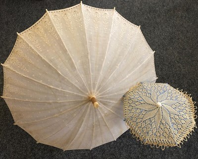 Lot 4120 - A Large Early 20th Century Embroidered Cream Summer Parasol, opening to be quite flat, similar...