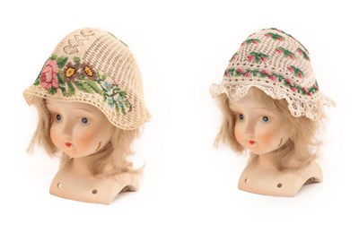 Lot 4135 - Two Tiny Early 19th Century Knitted Child's or Doll's Caps or Bonnets embellished with beads,...