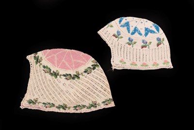 Lot 4136 - Two 19th Century Knitted Caps, one for a child or doll, the other larger, both embellished with...