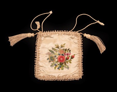Lot 4139 - A Small Late 19th Century Silk Bag, square, top opening with drawstrings of cream cord, these being