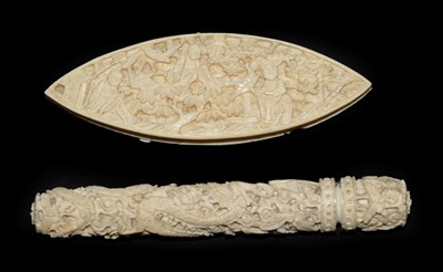 Lot 4147 - A Good 18th Century Delicately Chinese Carved Ivory Needle Holder with Lid, featuring a dragon....