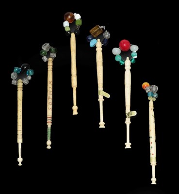 Lot 4148 - A Named Ivory or Bone Lace Bobbin, with spangles in coloured beads, marked with ''Faney'' in...