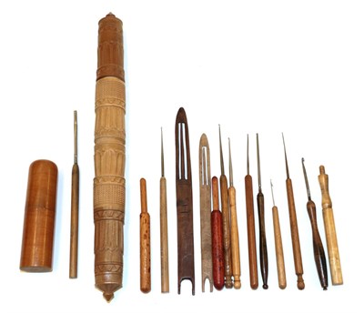 Lot 4150 - A Selection of 19th Century Needlework Tools, in wood, comprising a fitted stiletto case with...
