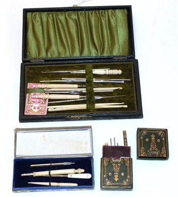 Lot 4156 - A 19th Century Sewing Set, contained in a green velvet box with silk to the inside lid and...