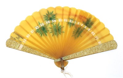 Lot 4185 - A Folding Fan with extra guards forming a handle, the cream silk leaf applied with bands of...