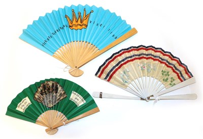 Lot 4185 - A Folding Fan with extra guards forming a handle, the cream silk leaf applied with bands of...