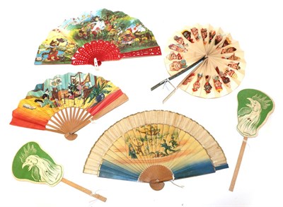 Lot 4186 - Six Humorous Fans, with a youthful theme: comprising a small paper fan on basic wood sticks,...