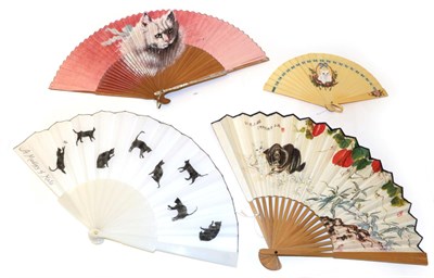Lot 4189 - Cats! A Group of Four 20th Century Fans featuring felines, comprising a folding fan of bamboo...