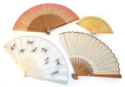 Lot 4189 - Cats! A Group of Four 20th Century Fans featuring felines, comprising a folding fan of bamboo...