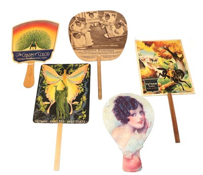 Lot 4192 - A Small Group of Vintage Fixed Hand Fans, one in Spanish advertising ''Almendrina'' with a...
