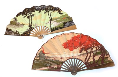 Lot 4197 - Railway Advertising: Two Printed Paper Fans, the double leaves mounted on basic wood sticks,...