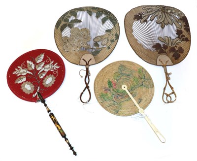 Lot 4208 - A Pair of Japanese Face Screens or Fixed Fans, with twisted bamboo handles, the screen of...