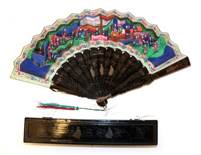 Lot 4214 - A Late 19th Century Chinese Mandarin Fan, the monture of wood lacquered in black with some...