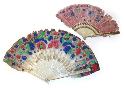 Lot 4219 - Six 19th Century Chinese Bone Fans, Qing Dynasty, five mounted with feathers, some painted....