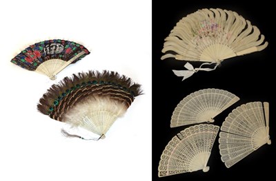 Lot 4221 - Six Chinese Fans, Qing Dynasty, to include a bone fan mounted with goose and peacock feathers,...