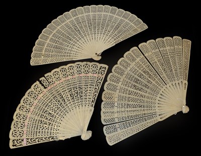 Lot 4221 - Six Chinese Fans, Qing Dynasty, to include a bone fan mounted with goose and peacock feathers,...